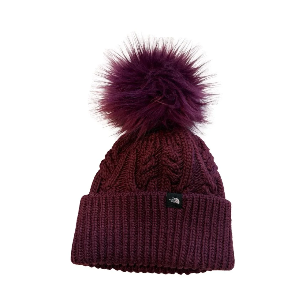 The North Face Kids Oh-Mega Fur Pom Beanie Burgundy‎ Purple Cable Knit OS